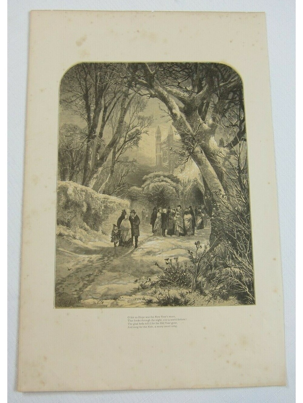 Antique 1870s Wood Engraving Print Cathedral Churchgoers New Years Thomas Moran